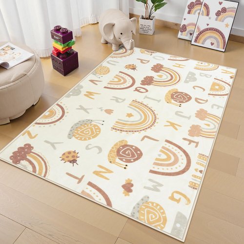 LIVEBOX Boho Rainbow Kids Rug, Cute Washable Playroom Rugs Non Slip, ABC Alphabet Learning Carpet for Nursery, Bedroom, Preshcool (Orange,3x5)