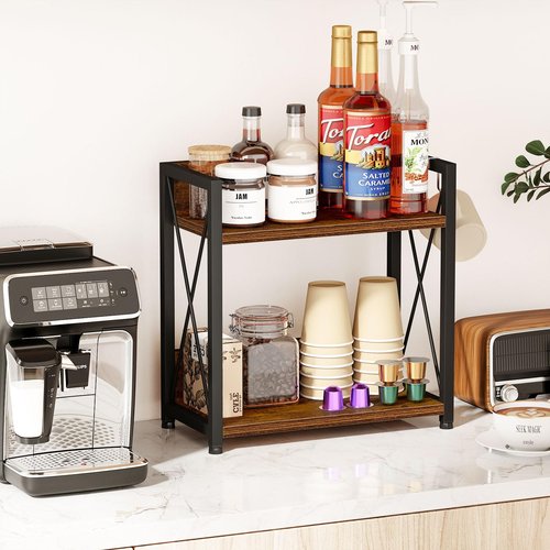 Snughome Countertop Shelf Organizer, Kitchen Counter Shelf with Hooks, 2 Tier Spice Rack for Kitchen Countertop,Coffee Station，(Rustic Brown, Large)