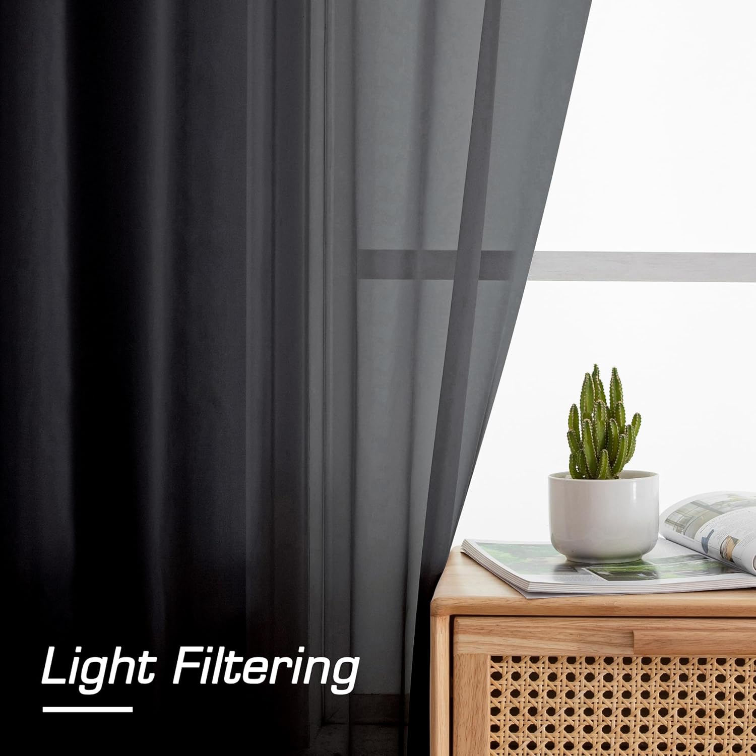 Simplebrand Black Sheer Curtains - Elegant Light Filtering Rod Pocket Panels | 84" Long, 42" W (Set of 2)