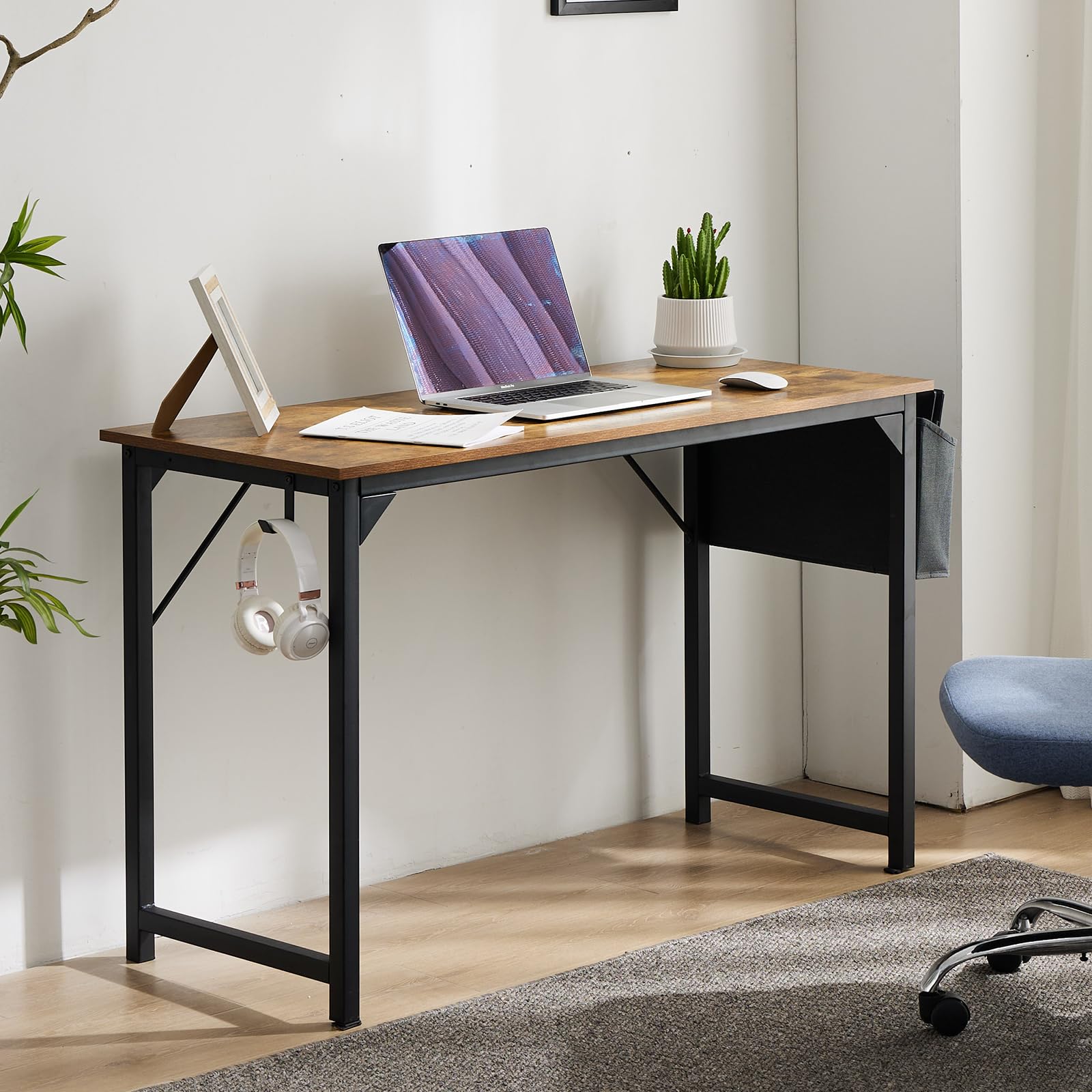 OLIXIS Computer Office Desk, 48 Inch Writing Work Study PC Wood Modern Desk with Storage Bag & Headphone Hook Simple Bedroom for 2 Person Kids Student Table, Rustic Brown