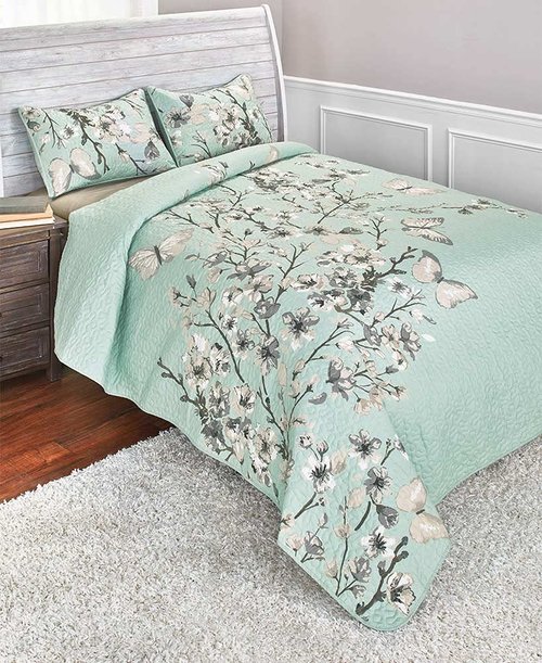 The Lakeside Collection Embroidered Cherry Blossom Quilt Set with Shams - King - 3 Pieces