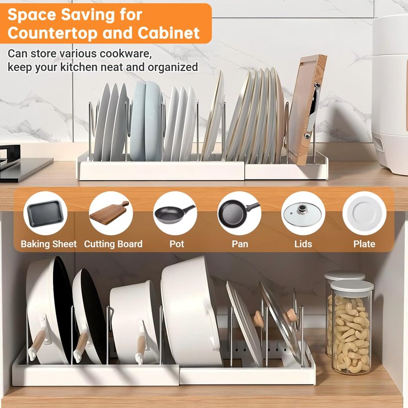 Beruyu Expandable Pot and Pan Organizer Rack for Cabinet, Pot Lid Organizer Holder with 7 Stainless Steel Adjustable Dividers for Kitchen Cabinet Organizer and Storage (White)