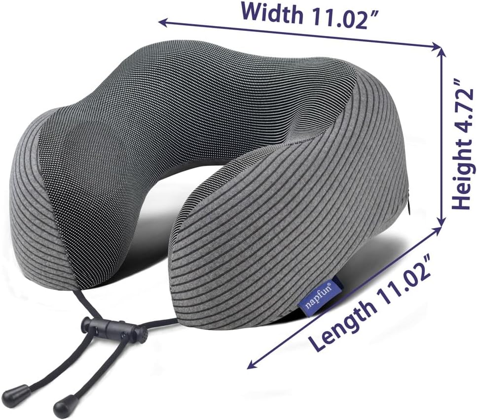 Napfun Neck Pillow - Memory Foam Travel Pillow with Pouch, Sleep Mask & Earplugs | Dark Gray Striped Kit