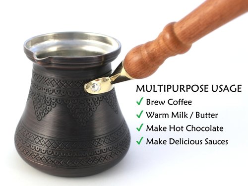 DEDE Copper - PCZ Series (Large-14fl.oz) - Thickest Solid Copper Engraved/Hammered Turkish Greek Arabic Coffee Pot with Wooden Handle, Stovetop Coffee Maker Cezve Jezve Jazva Ibrik Briki (Antique)