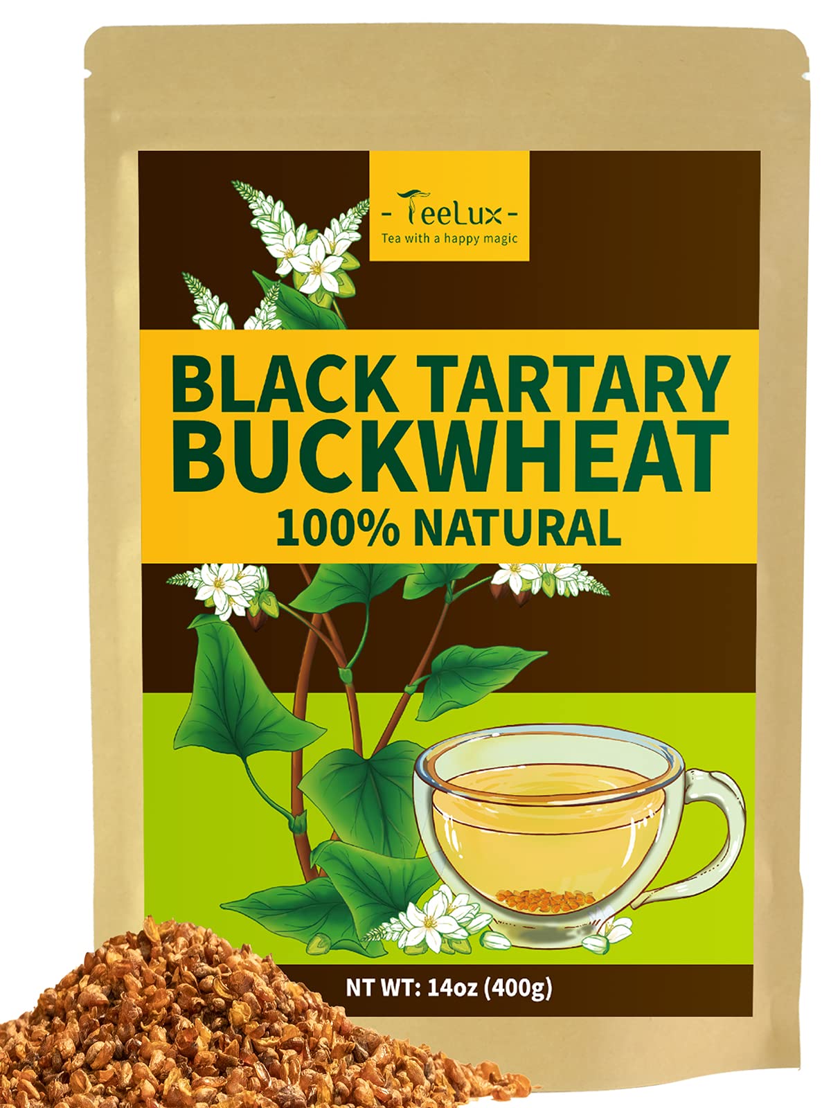 TeeLux Tartary Buckwheat Tea, Roasted Buckwheat Loose Leaf Tea, High Mountain Buckwheat Groats, Caffeine Free, Natural, 14oz/400g
