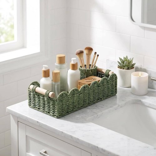 CubesLand Toilet Paper Storage Basket - Scalloped Edge Green Decor | Cozy Home Organization with 2 Wooden Handles
