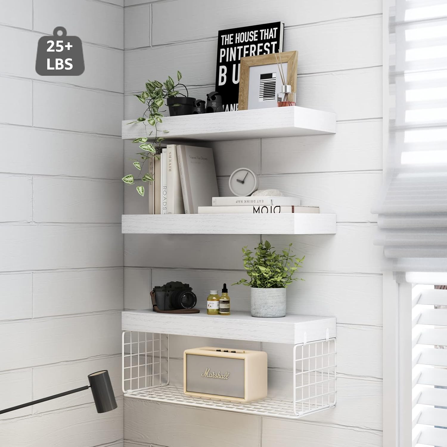 QEEIG Bathroom Shelves - Over Toilet Wall-Mounted Floating Storage | Set of 3 White 16-Inch Farmhouse Decor