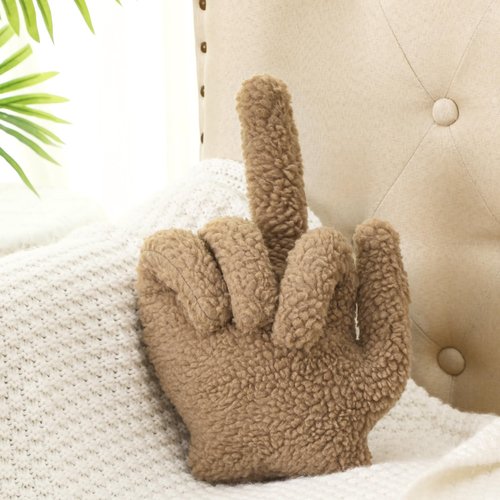 Menkxi Small Middle Finger Decorative Pillow 13.78 x 9.84 in Funny Shaped Sherpa Fleece Throw Pillow Warm Soft Emoticon Cushion Middle Finger Decor for Couch Gag Gift(Light Brown)
