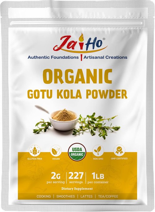 Jai Ho Certified USDA Organic Gotu Kola Powder – 1 LB – Gluten-Free, Vegan, Non-GMO – Resealable Zip Lock Pouch