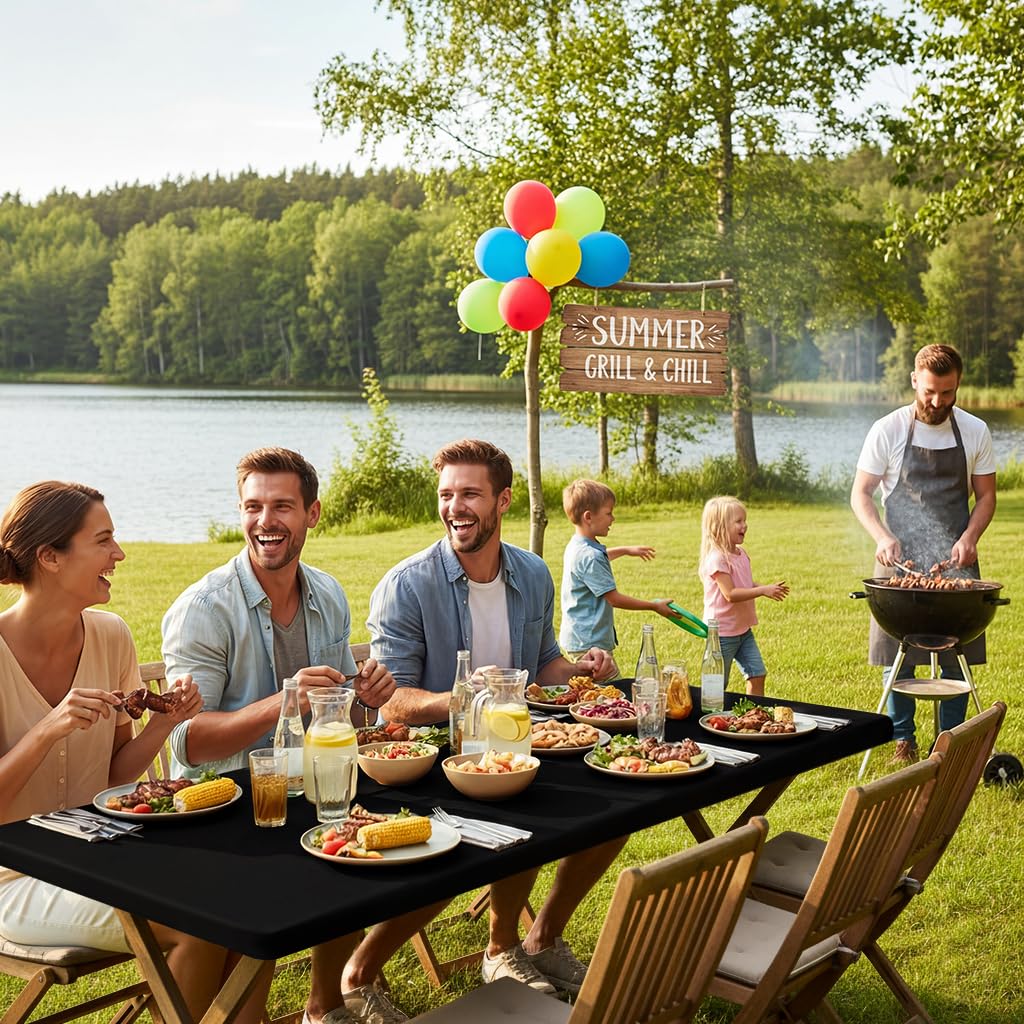 Smiry 2 Pack Rectangle Picnic Table Cloth, Waterproof Elastic Fitted Tablecloths, Washable Polyester Rectangular Patio Table Cover for Camping, Indoor and Outdoor (Black, 30"x60")