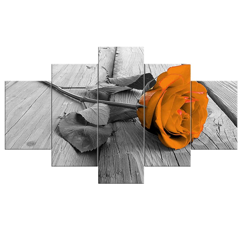 Orange Floral Flower Orange Rose 5 Pieces Modern Decorative Painting Canvas Wall Art for Living Room Bedroom Bathroom Stretched and Framed Ready to Hang (60''W x 32''H, Orange)