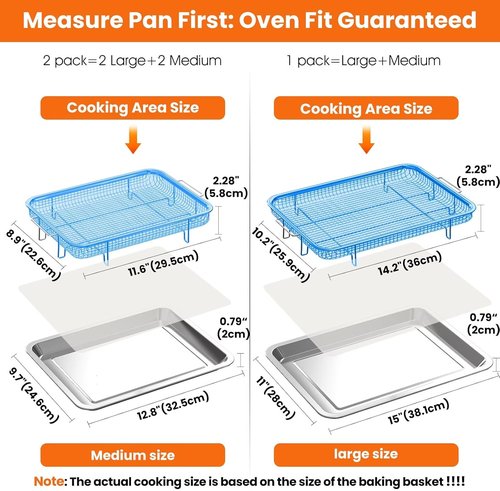 Air Fryer Basket Set by [Brand Name] - Stainless Steel Crisper Tray & Pans | Family-Size Non-Stick, 15"x11" & 12.8"x9.7" with 60 Parchment Papers