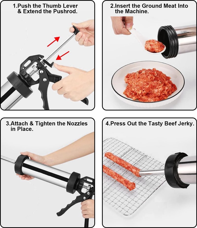 Jerky Gun for Ground Meat, Beef Jerky Making Kit, Stainless Steel Beef Jerky Gun Jerky Marker Sausage Stuffer, 1 LB Professional Jerky Gun Kits with 5 Nozzles, 2 Cleaning Brushes, Jerky Shooter