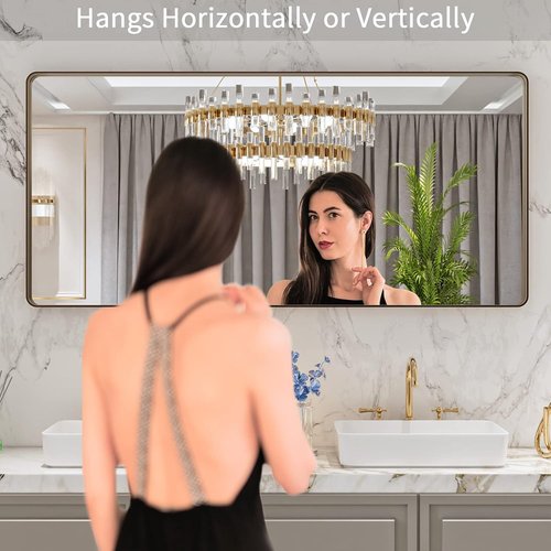 LOAAO Bronze Bathroom Mirror - 60”x28” Rounded Rectangle with Anti-Rust Frame | Hangs Horizontally or Vertically