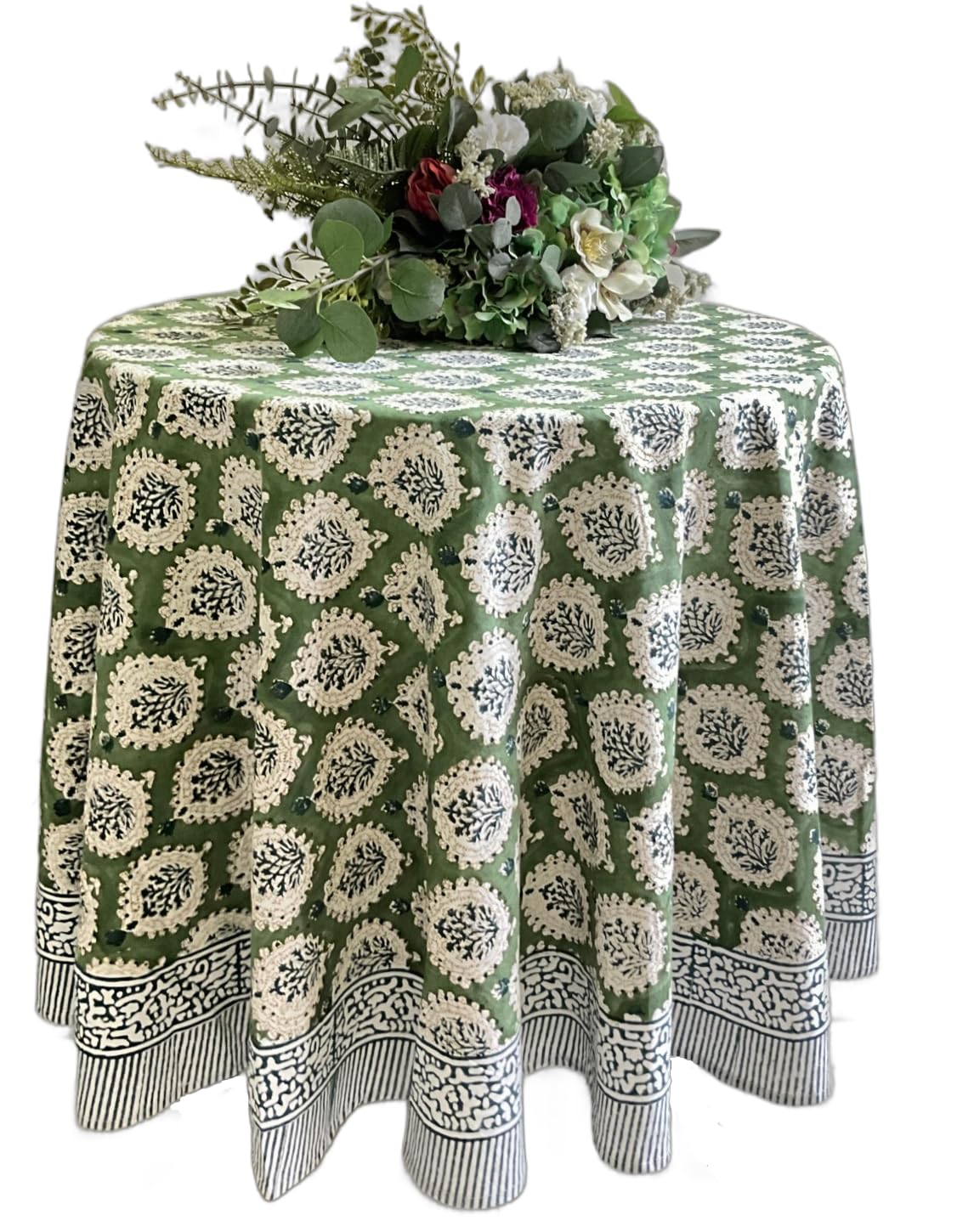ATOSII Kari Green 100% Cotton Round Boho Spring Summer Tablecloth, Block Print Floral Table Cloth Linen for Dining, Parties, Weddings, OutdoorsI Home Table Decor 90" Inches Round