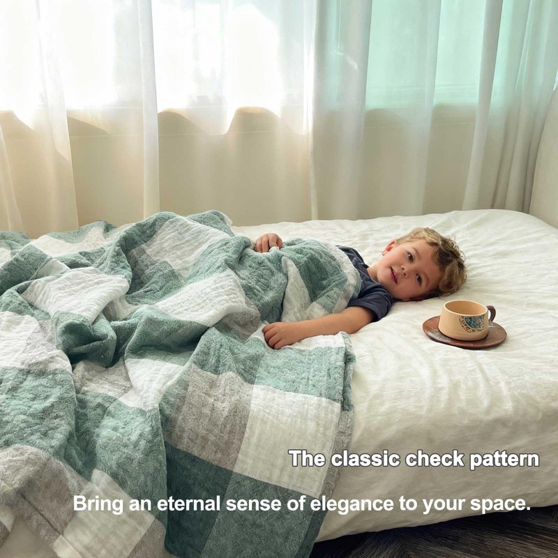 youlanhome Checkered Throw Blanket, Soft Cozy Reversible 4 Layer Pre-Washed Cotton Blankets Lightweight Breathable Queen Throw Blanket BOR All Season,Green Checkered, 60" X 80"