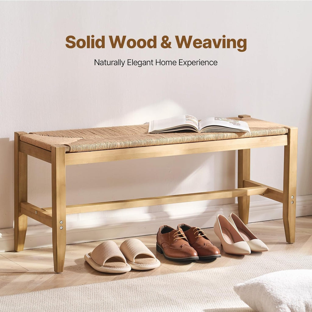 VEVOR Rattan Bench - 40" Wooden Entryway Bench with Oak Legs | Hand-Woven Boho Style for Living Room & Bedroom