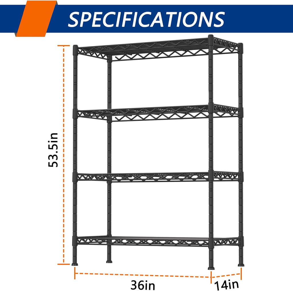 Regine Switzerland Heavy-Duty 4-Shelf Storage Shelving Unit - Adjustable Metal Organizer for Kitchen & Bathroom, Black