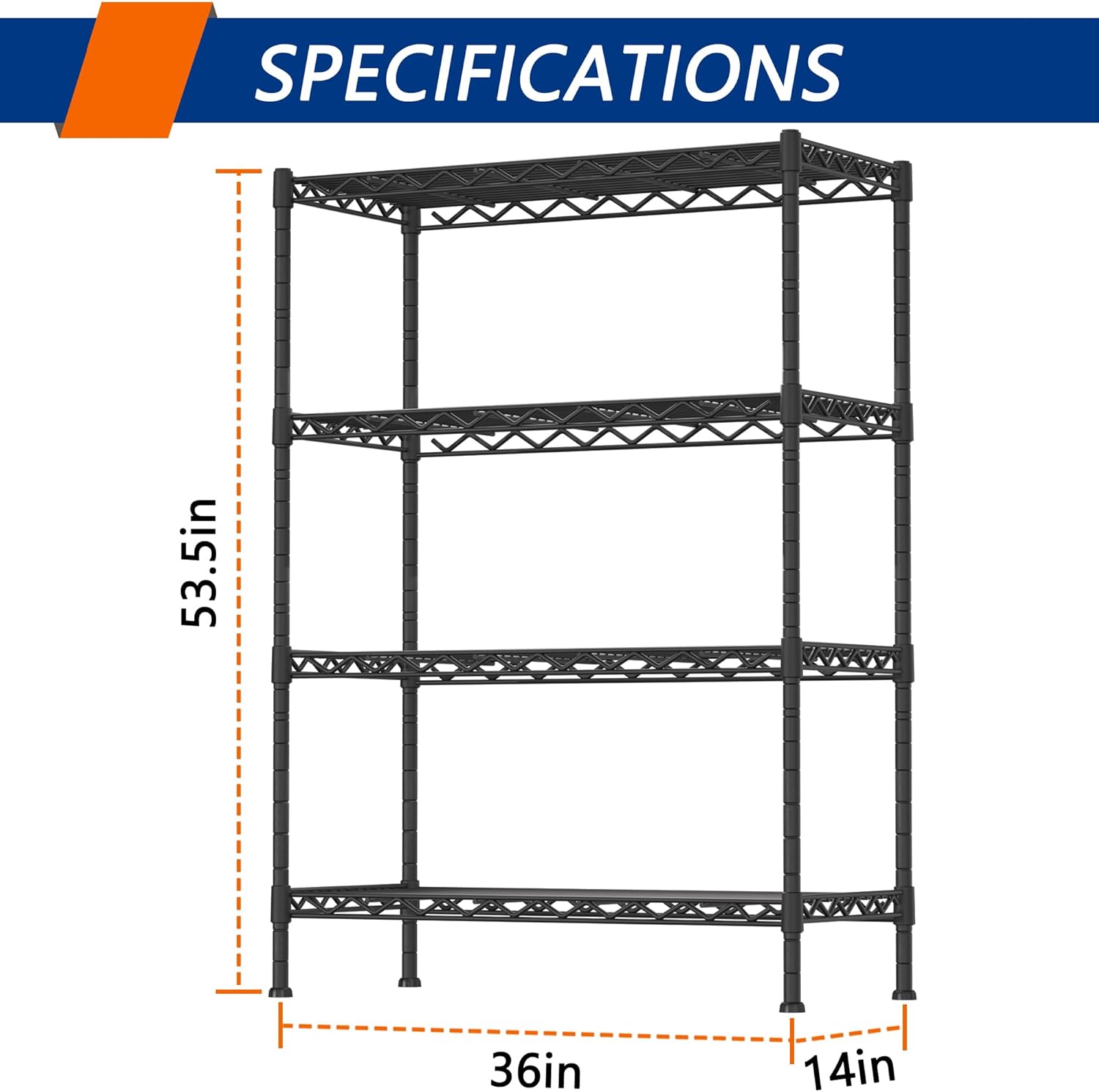 Regine Switzerland Heavy-Duty 4-Shelf Storage Shelving Unit - Adjustable Metal Organizer for Kitchen & Bathroom, Black