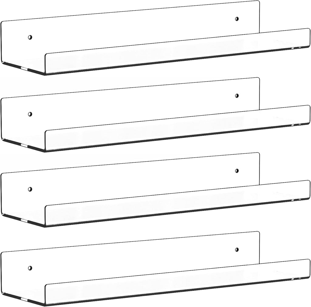 Skiennix 15-Inch Clear Acrylic Floating Shelves - No Drill, Renter-Friendly Wall Storage for Kids' Room & Bathroom