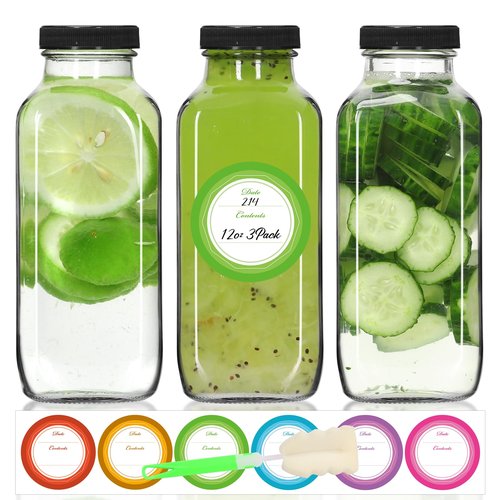 STARSIDE 12 oz 3 Pack Glass Juice Bottles with Lids - Square Reusable Drinking Jars for Juicing, Milk, Kombucha - Includes 1 Bottle Brush, 6 Colored Labels