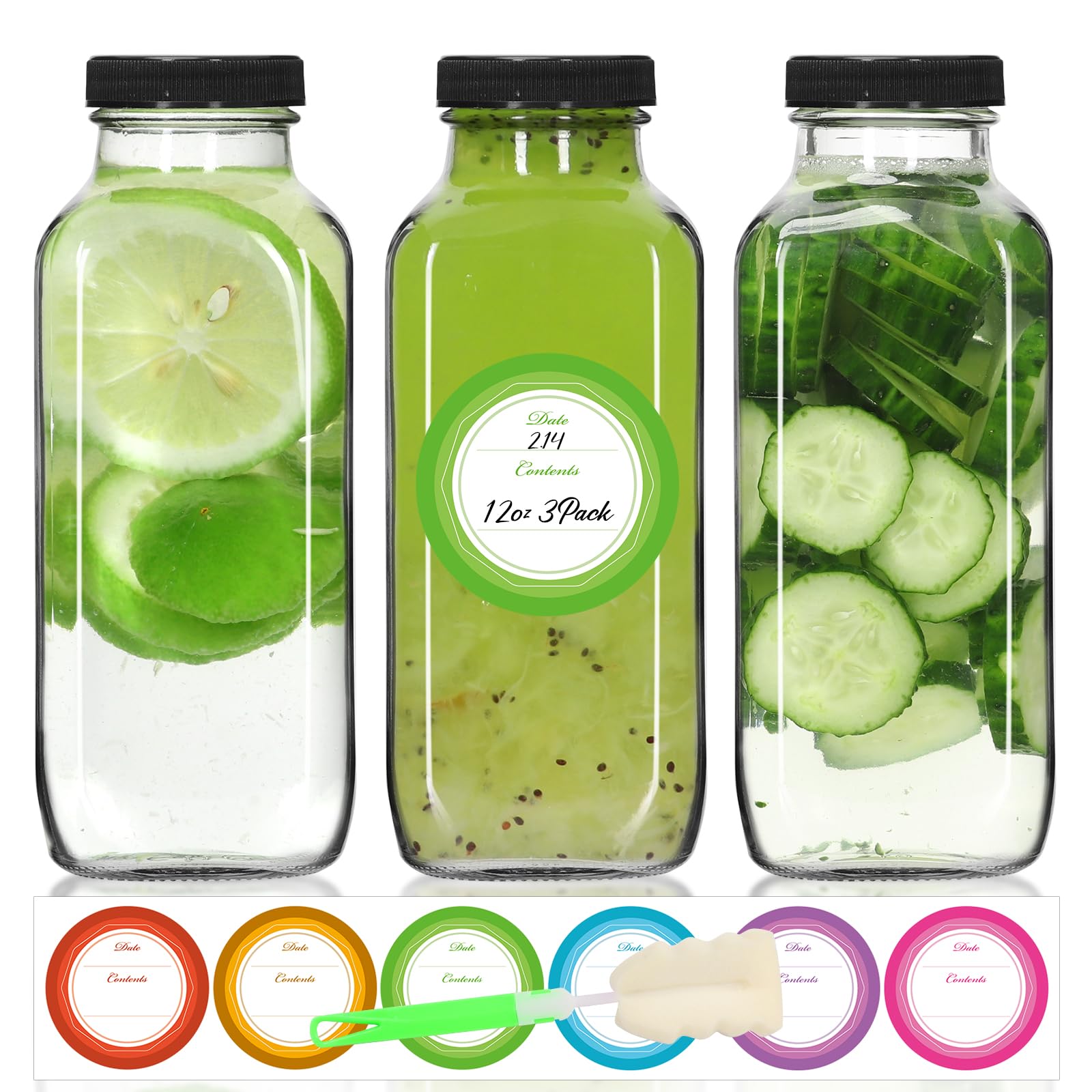 STARSIDE 12 oz 3 Pack Glass Juice Bottles with Lids - Square Reusable Drinking Jars for Juicing, Milk, Kombucha - Includes 1 Bottle Brush, 6 Colored Labels