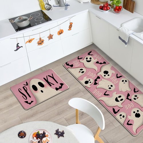 Livcoz Pink Halloween Spooky Ghost Kitchen Rugs Set of 2, Cute Bats Boo Floor Mats Home Decor, Funny Door Mat Decorations - 17x29 and 17x47 Inches