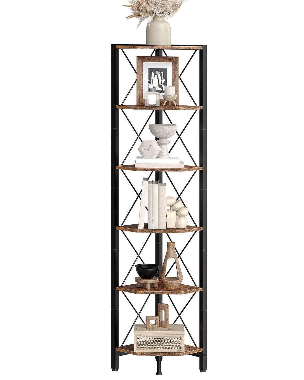 CHOEZON 6-Tier Corner Shelf, Corner Bookcase, 66.9" Tall Vertical Display Rack, Plant Stand, Open Storage Shelf, for Living Room, Bedroom, Study, Kitchen, Rustic Brown and Black TCJ13BF