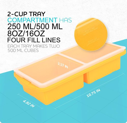 XOMOO Silicone Freezer Tray With Lid-Soup Freezer Container molds-2-cup Extra Large Ice Cube Tray-makes 4 perfect 500ml portions cubes, For freezing soup,stews,sauces.Oven&Dishwasher-Safe(2-Pack)