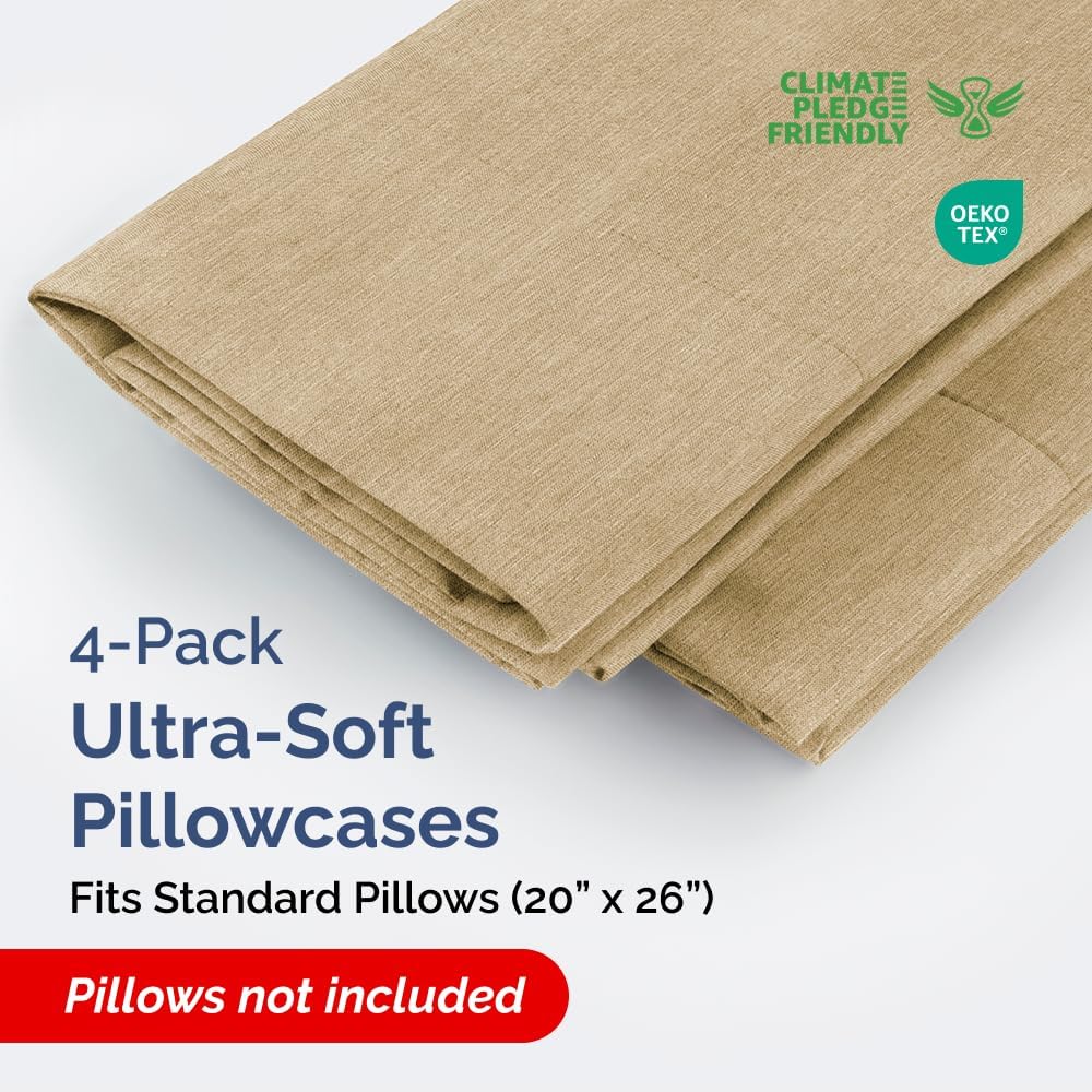 Skiennix Standard Pillow Cases Set of 4 - Ultra Soft Hotel Quality Covers - Machine Washable - Heathered Tan
