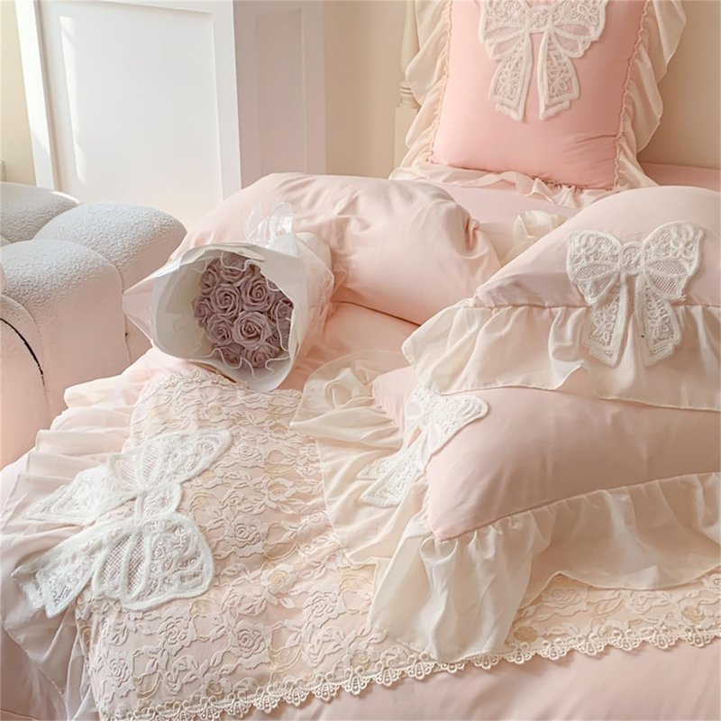 MOOWOO Chic Ruffle Lace Twin Duvet Cover Set-Bow Duvet Cover with Butterfly Tie-2 Piece Comforter Duvet Cover with Zipper Closure,Coquette Room Decor-Pink,Full Size