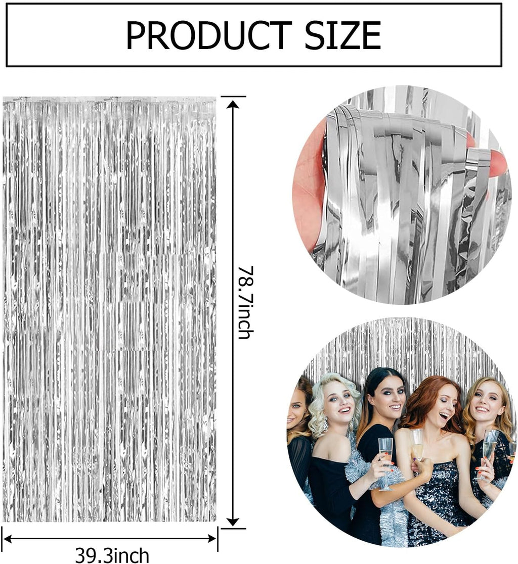 Skiennix Silver Backdrop Curtains - 10 Pack Foil Fringe Decorations for Parties & Events