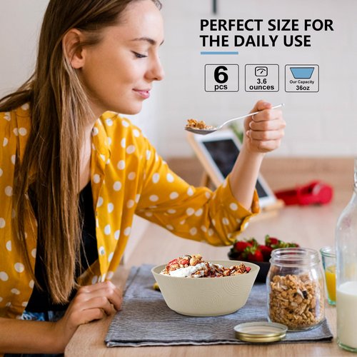 PYRMONT 36 OZ Cereal Bowls Wheat Straw Bowls Set of 6 - Alternative for Plastic Bowls Reusable Soup Bowls Microwave & Dishwasher Safe Unbreakable Bowls Kitchen for Cereal,Salad, Rice,Ramen - Beige