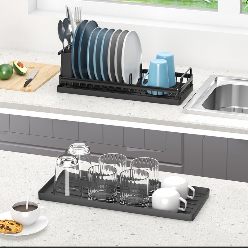 CHLORYARD Small Dish Drying Rack, Compact Sink Dish Drainer Plate Organizer with Utensil Holder and 2pcs Silicone Drying Mats for Kitchen Counter, RVs, Apartments