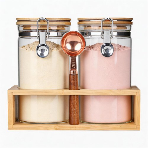 KKC Glass Protein Powder Container, 40oz Airtight Collagen Storage Jars with Bamboo Lids & 1 TBSP Measuring Spoons - Wide Mouth Aesthetic Countertop Dispenser Organizer for Kitchen, Smoothie Bar