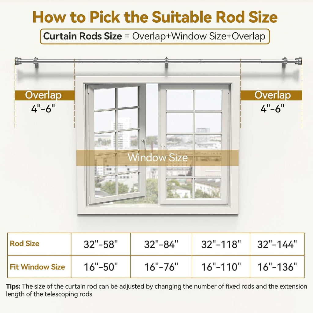 YaFex Curtain Rods - Heavy Duty 1 Inch Adjustable Window Treatment Rods | 32-118 Inch, Silver Finish