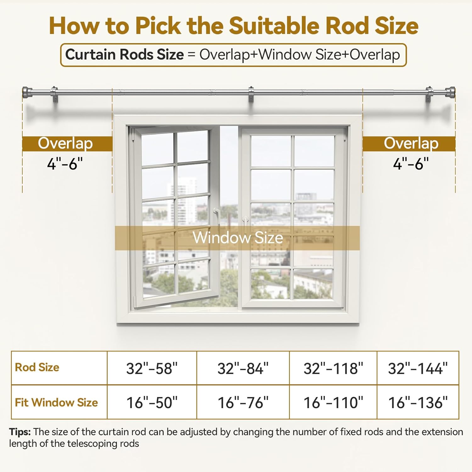 YaFex Curtain Rods - Heavy Duty 1 Inch Adjustable Window Treatment Rods | 32-118 Inch, Silver Finish