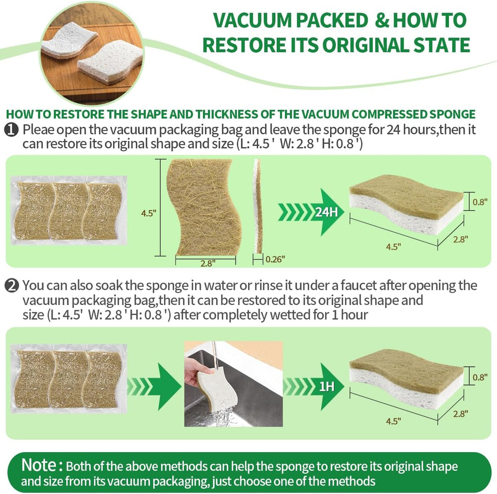 Skiennix Natural Dish Sponges - Biodegradable Plant-Based Cellulose with Coconut Scrubber | Pack of 12
