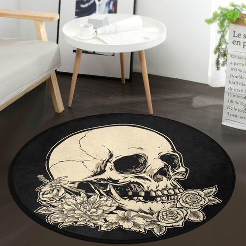 keepcute Round Skull Area Rug 5ft - Skull Rose Flower Black Round Carpet Non-Slip Rug Washable Floor Mats for Kitchen Bedroom Living Room, 5' x 5' Round