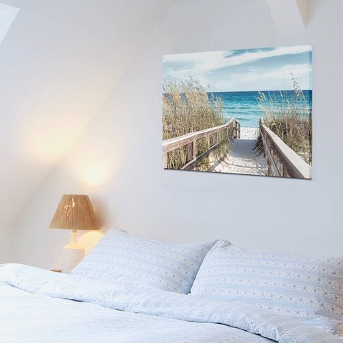 Beach Seascape Canvas Wall Art - Coastal Picture Artwork with Wooden Fence and Weeds Pathway to Ocean for Bedroom Wall Decor（24 x 18)