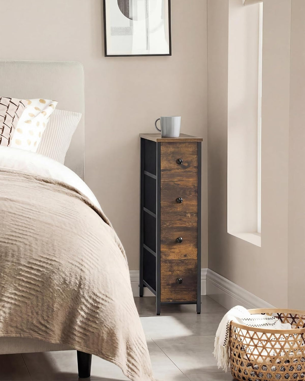 SONGMICS Dresser - Narrow Chest of Drawers for Bedroom Storage | 4-Drawer Organizer in Rustic Brown & Ink Black