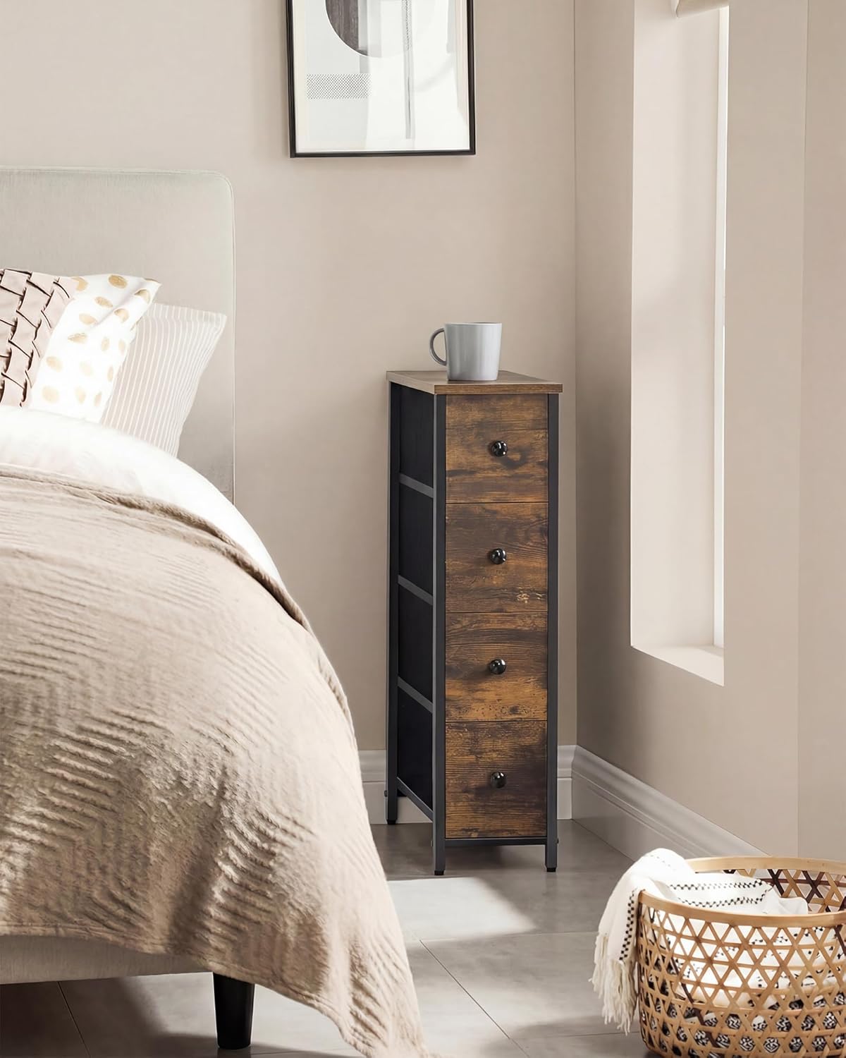 SONGMICS Dresser - Narrow Chest of Drawers for Bedroom Storage | 4-Drawer Organizer in Rustic Brown & Ink Black
