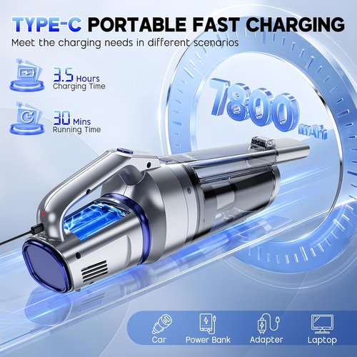 JONYJ Cordless Handheld Vacuum - 16000PA Strong Suction | Portable Rechargeable with Multi-Nozzles & LED Light