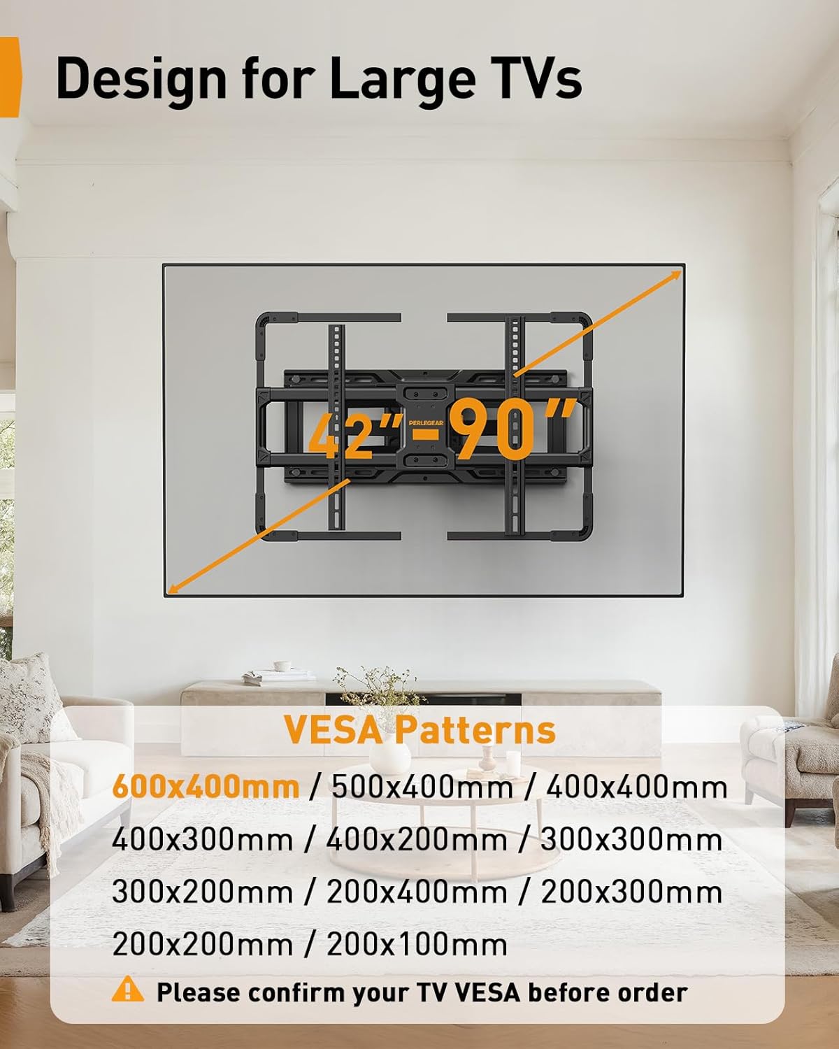 Perlegear AuraFrame™ Full Motion TV Wall Mount with LED Light - Fits 42″–90″ TVs Up to 150 lbs, Max VESA 600 x 400mm