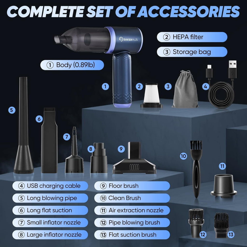 SakerPlus Car Vacuum Cleaner - 3 in 1 Cordless Handheld, 13000Pa High Power, Portable for Cars & Desktop