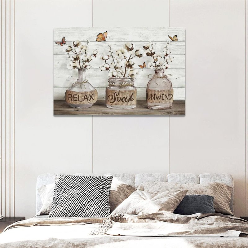 Tijuboni Farmhouse Bathroom Decor Wall Art Rustic Cotton Flower Pictures Canvas Prints Country Relax Soak Unwind Bathroom Sign Butterfly Artwork Modern Home Decor Ready to Hang 16"x24"