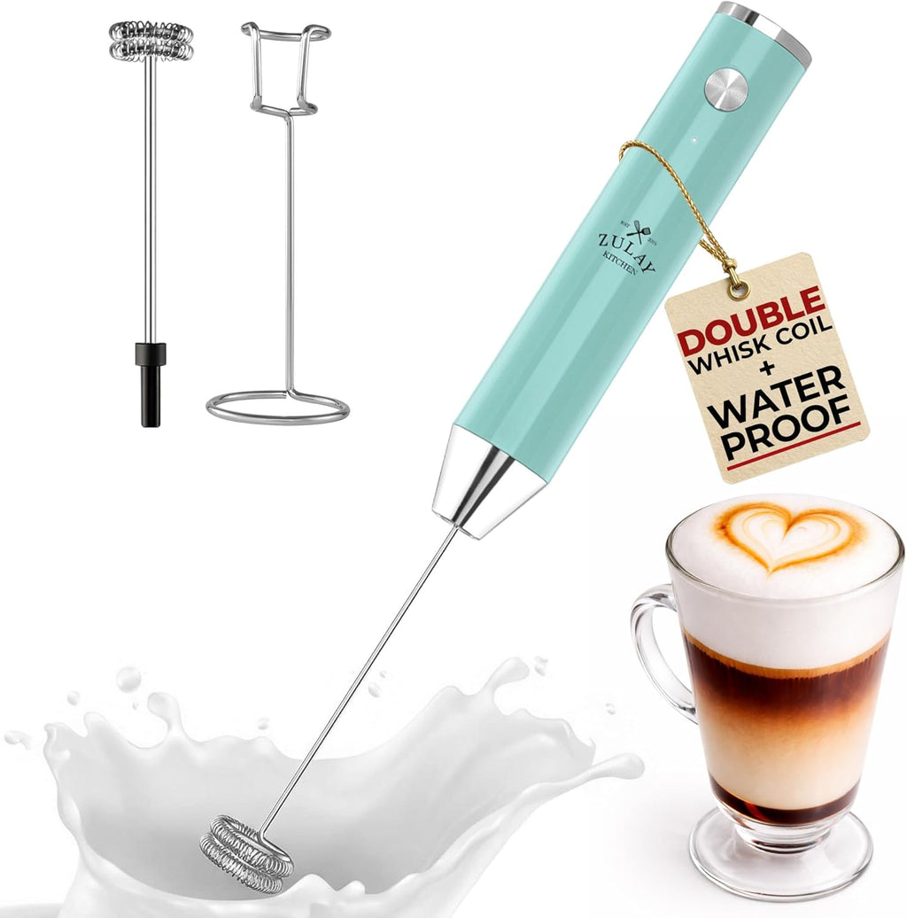 Zulay Kitchen Rechargeable Milk Frother - Powerful 2-Speed Motor, Waterproof, 2000mAh Battery | Sky Blue Drink Mixer for Lattes, Cappuccinos, Matcha & Protein Powder