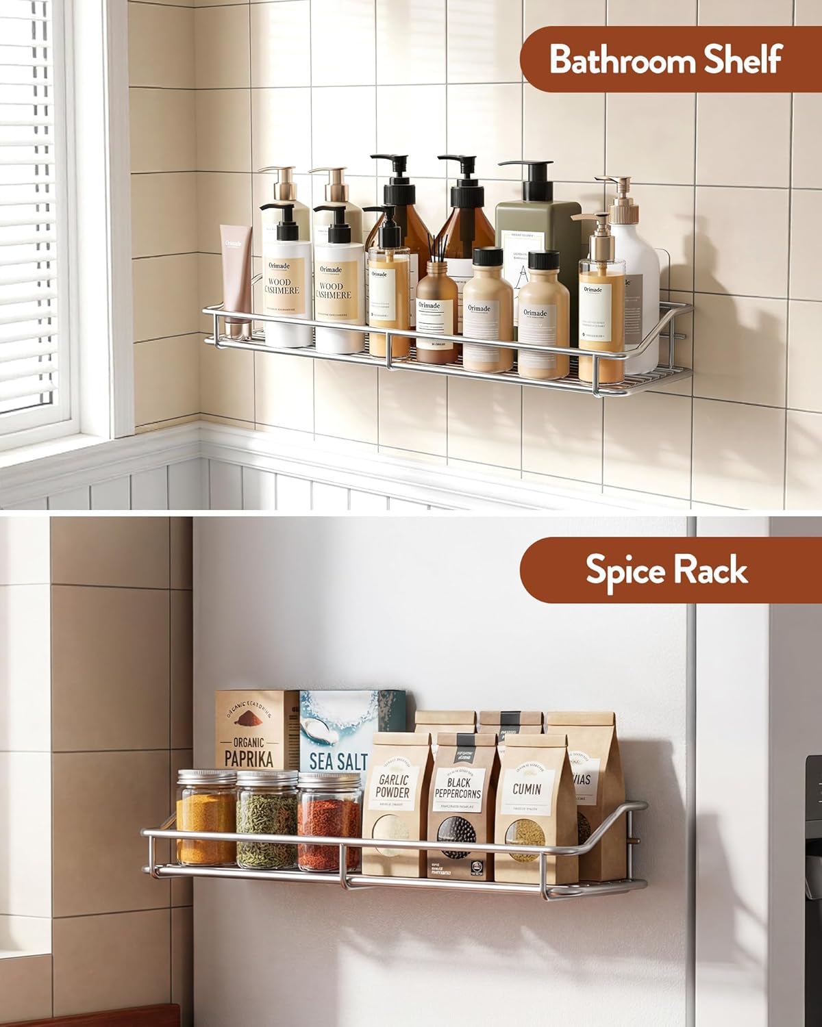 Orimade Bathroom Shelf Organizer - Traceless Adhesive Shower Caddy | No Drilling, SUS304 Stainless Steel, 15.75 Inch, Silver