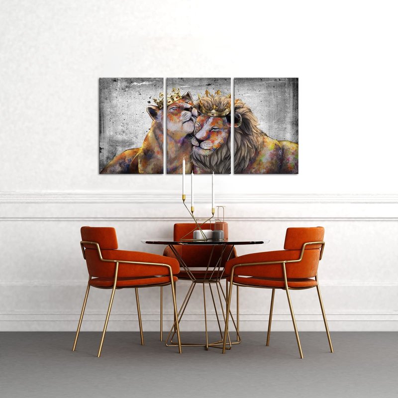 VANSEEING 3 Pieces Animal King Queen Canvas Wall Art Lion and Lioness with Crown Grey and Gold Romantic Couple Artwork for Bedroom Modern Home 16x24inchx3pcs