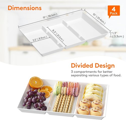Lifewit Serving Tray Set - 4 Divided Plastic Platters for Food | 15" x 10" White Reusable Trays for Snacks, Veggies & Desserts